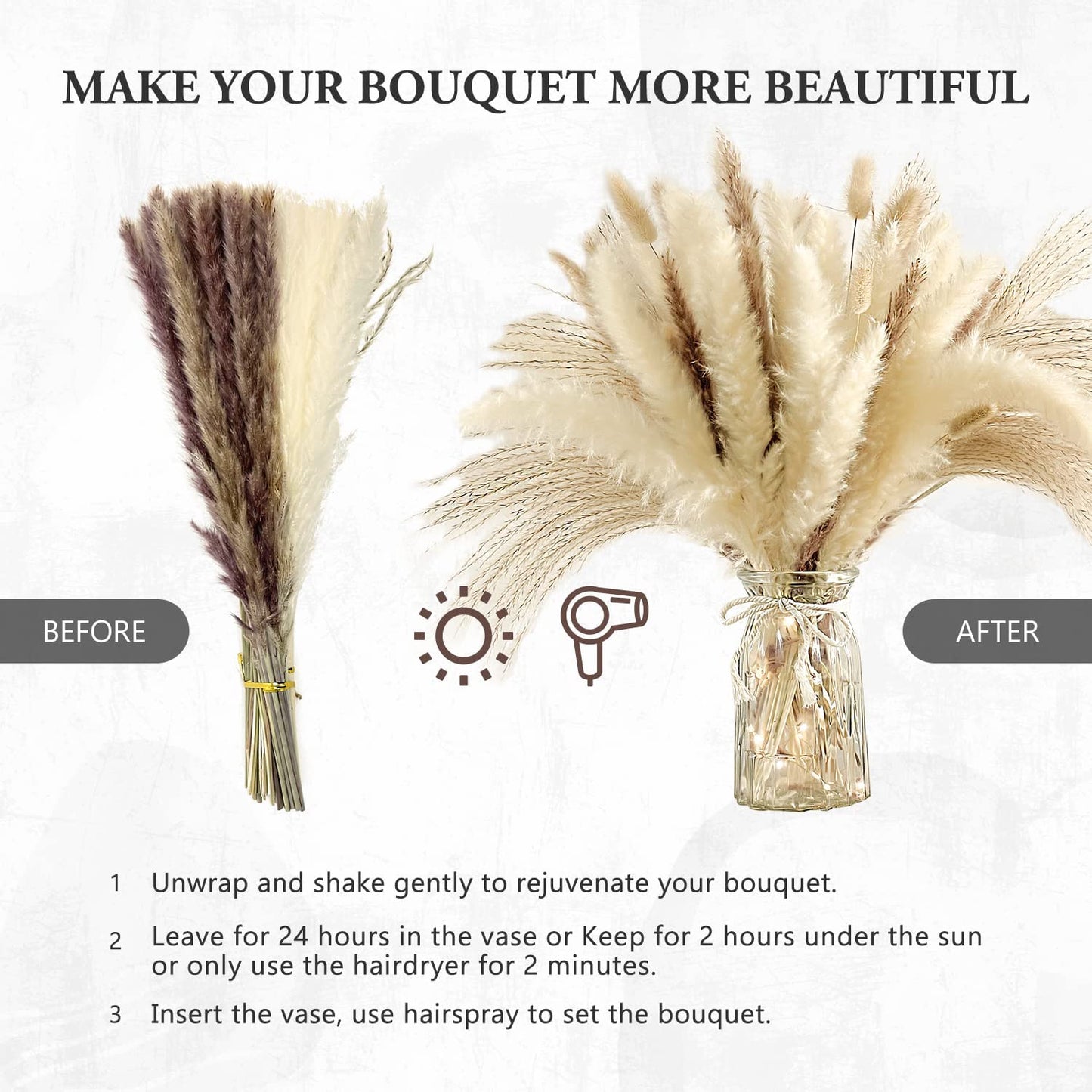 dried_flower - preserved_flower - fake_flower - 90Pcs 17.5Inch Natural Dried Pampas Grass Set White & Natural Grass Reed - Molly Garden - Molly_Garden_Floral
