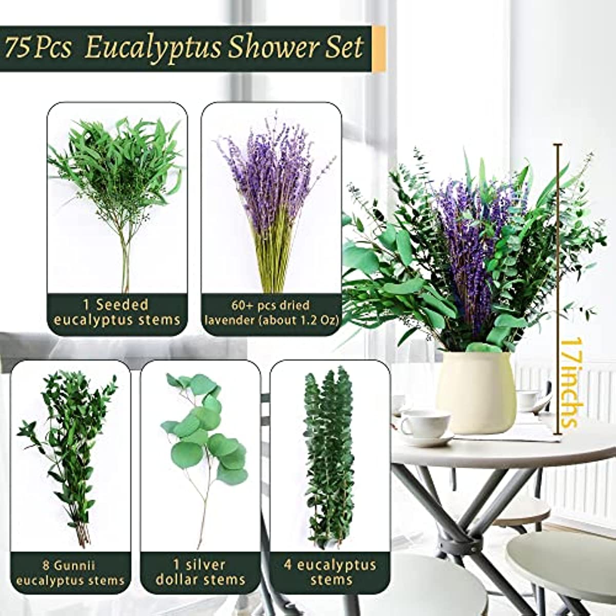 dried_flower - preserved_flower - fake_flower - 78Pcs Mix Dried Eucalyptus & Lavender Flowers for Shower 17'' Natural Bundles - Molly Garden - Molly_Garden_Floral