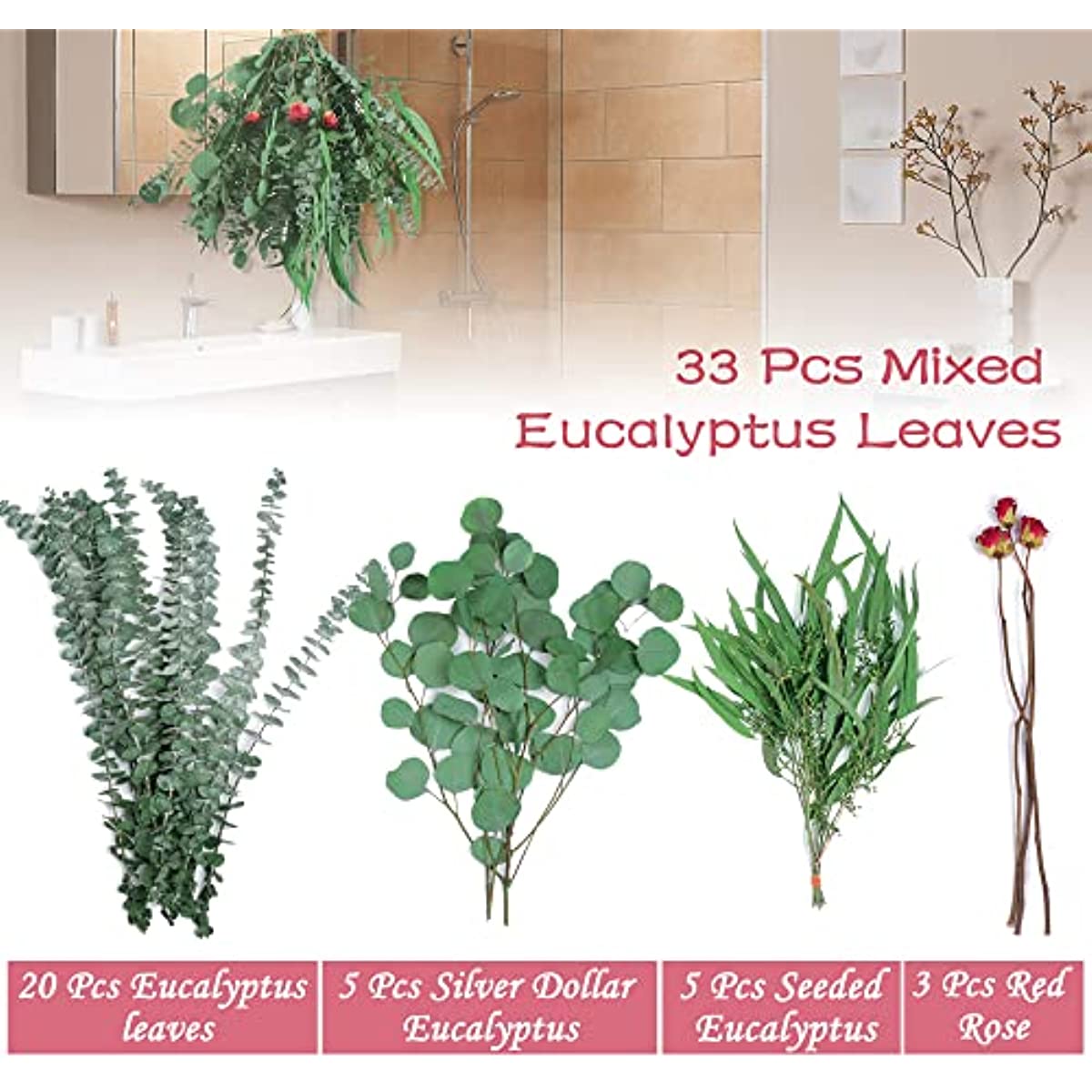 dried_flower - preserved_flower - fake_flower - 33Pcs Mix Dried Eucalyptus Stems & Rose Flowers Preserved Silver Dollar Bouquets - Molly Garden - Molly_Garden_Floral