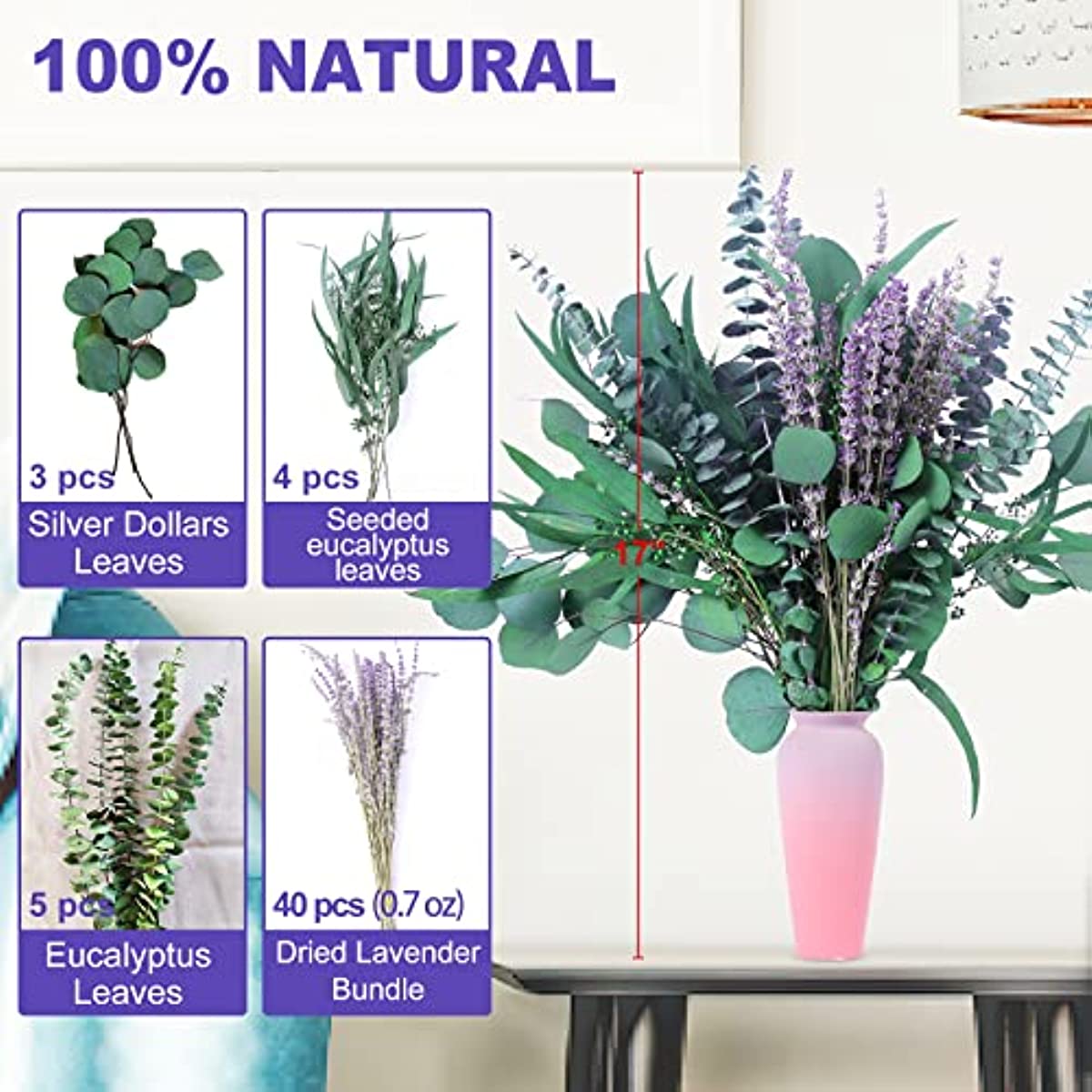 dried_flower - preserved_flower - fake_flower - 52Pcs Mix Dried Eucalyptus & Lavender Flowers Bundles 17'' Natural Real - Molly Garden - Molly_Garden_Floral
