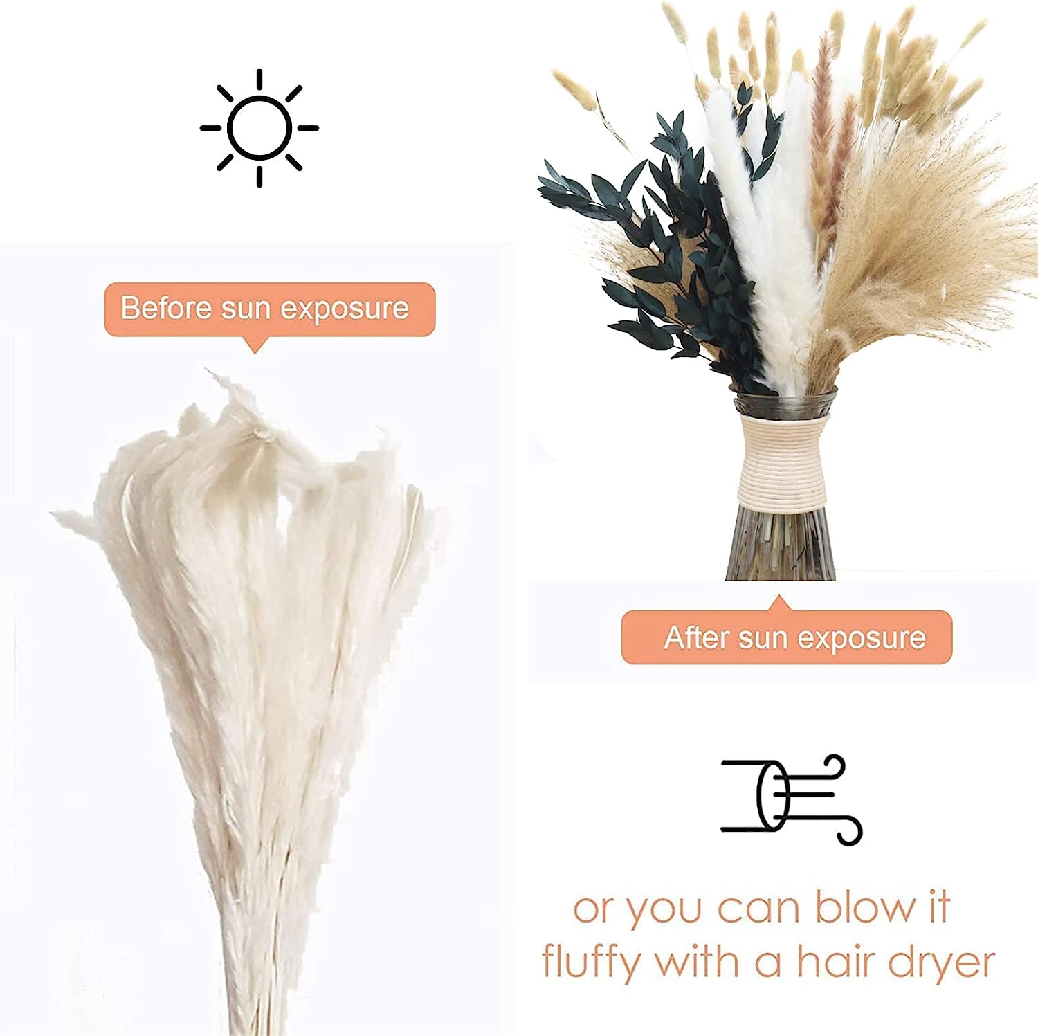 dried_flower - preserved_flower - fake_flower - 110Pcs Dried Pampas Grass Decor with Eucalyptus Branches Boho Home Wedding - Molly Garden - Molly_Garden_Floral