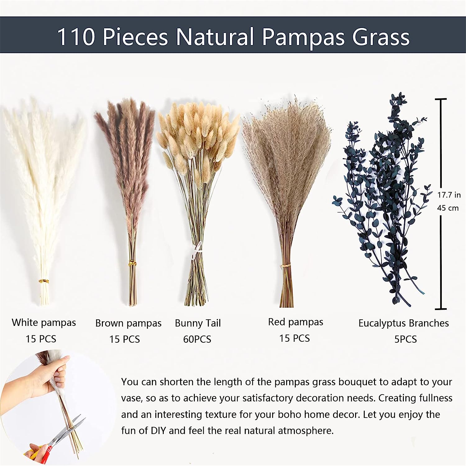 dried_flower - preserved_flower - fake_flower - 110Pcs Dried Pampas Grass Decor with Eucalyptus Branches Boho Home Wedding - Molly Garden - Molly_Garden_Floral