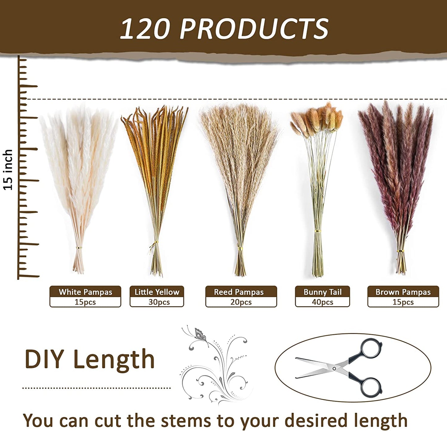dried_flower - preserved_flower - fake_flower - 120Pcs Natural Dried Pampas Grass Bouquet Decor Christmas Decorations - Molly Garden - Molly_Garden_Floral