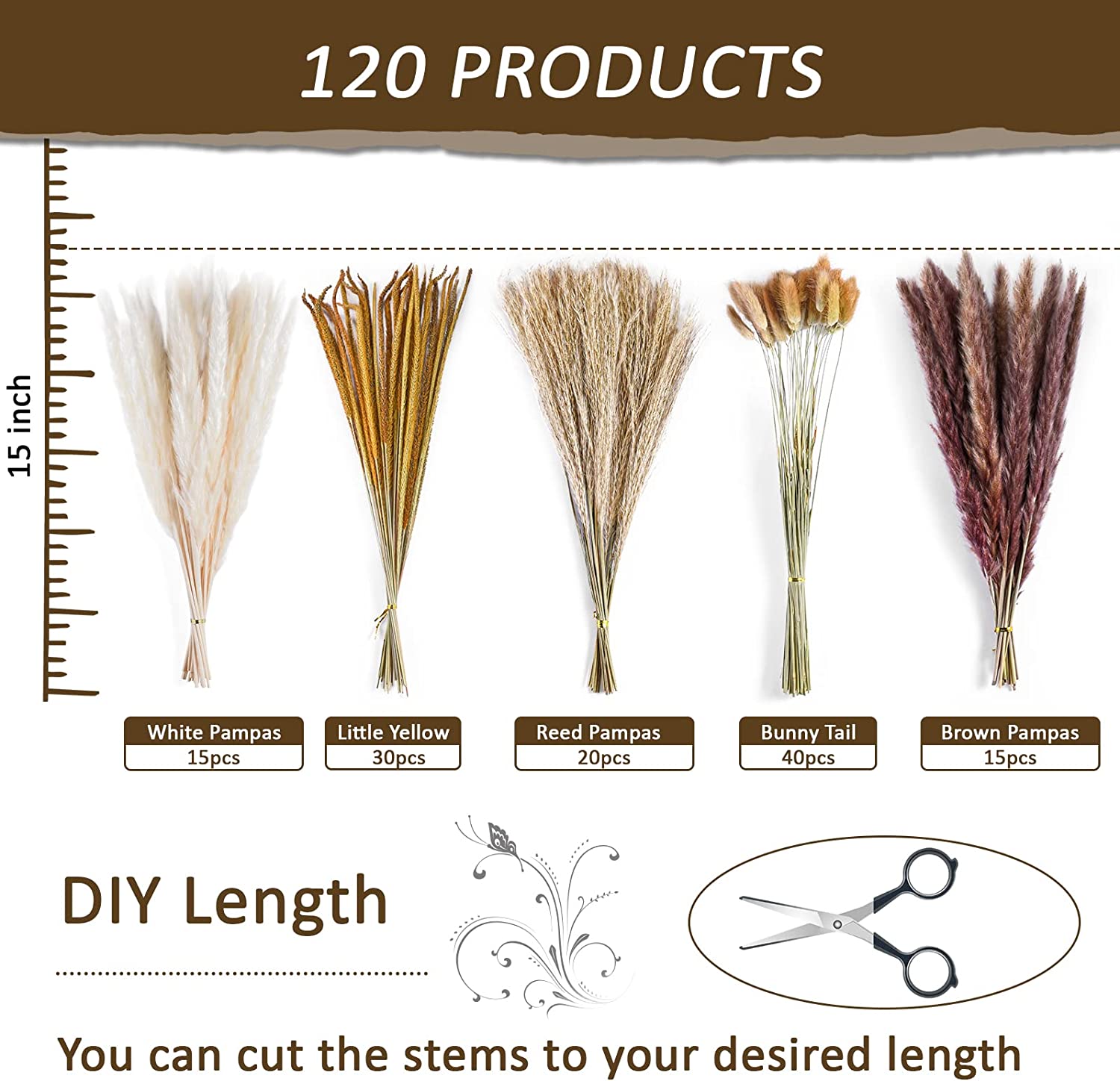 dried_flower - preserved_flower - fake_flower - 120Pcs Natural Dried Pampas Grass Bouquet Decor Christmas Decorations - Molly Garden - Molly_Garden_Floral