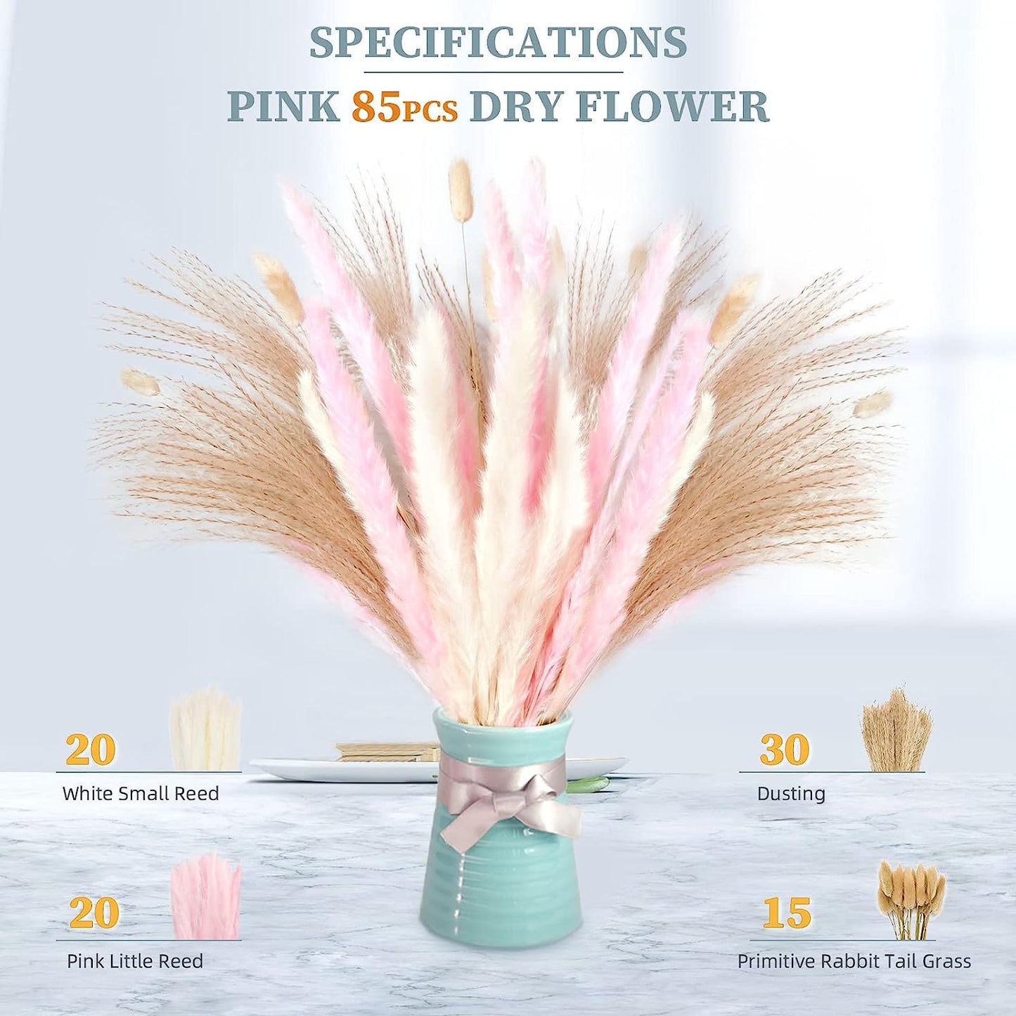 dried_flower - preserved_flower - fake_flower - 85Pcs Tall 17“ Fluffy Long-Lasting Dried Flowers Bouquet for Home Decor - Molly Garden - Molly_Garden_Floral