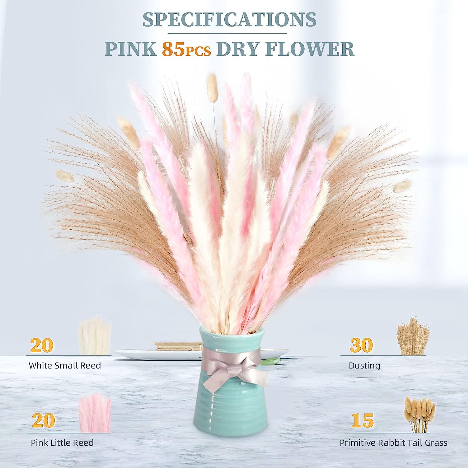 dried_flower - preserved_flower - fake_flower - 85Pcs Tall 17“ Fluffy Long-Lasting Dried Flowers Bouquet for Home Decor - Molly Garden - Molly_Garden_Floral