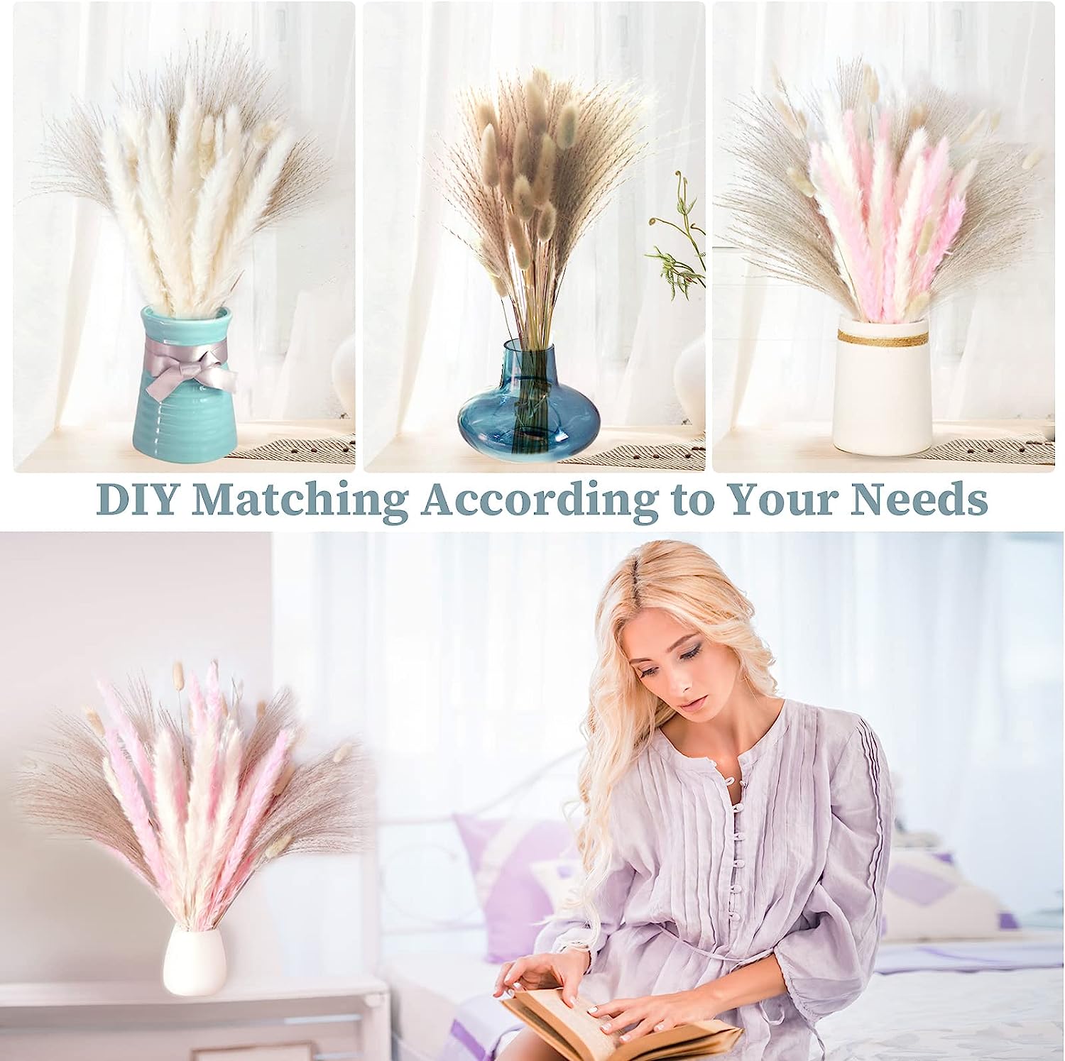 dried_flower - preserved_flower - fake_flower - 85Pcs Tall 17“ Fluffy Long-Lasting Dried Flowers Bouquet for Home Decor - Molly Garden - Molly_Garden_Floral