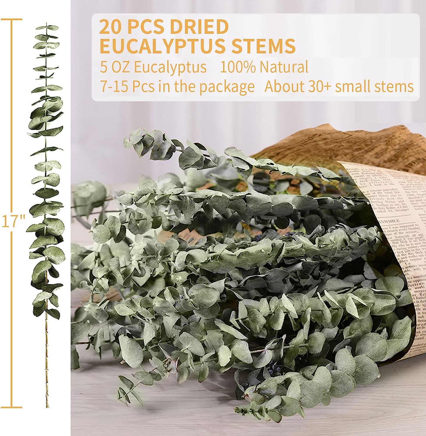dried_flower - preserved_flower - fake_flower - 20Pcs Dried Eucalyptus Bundle for Shower 17" Natural Head Hanging Plant Stems - Molly Garden - Molly_Garden_Floral