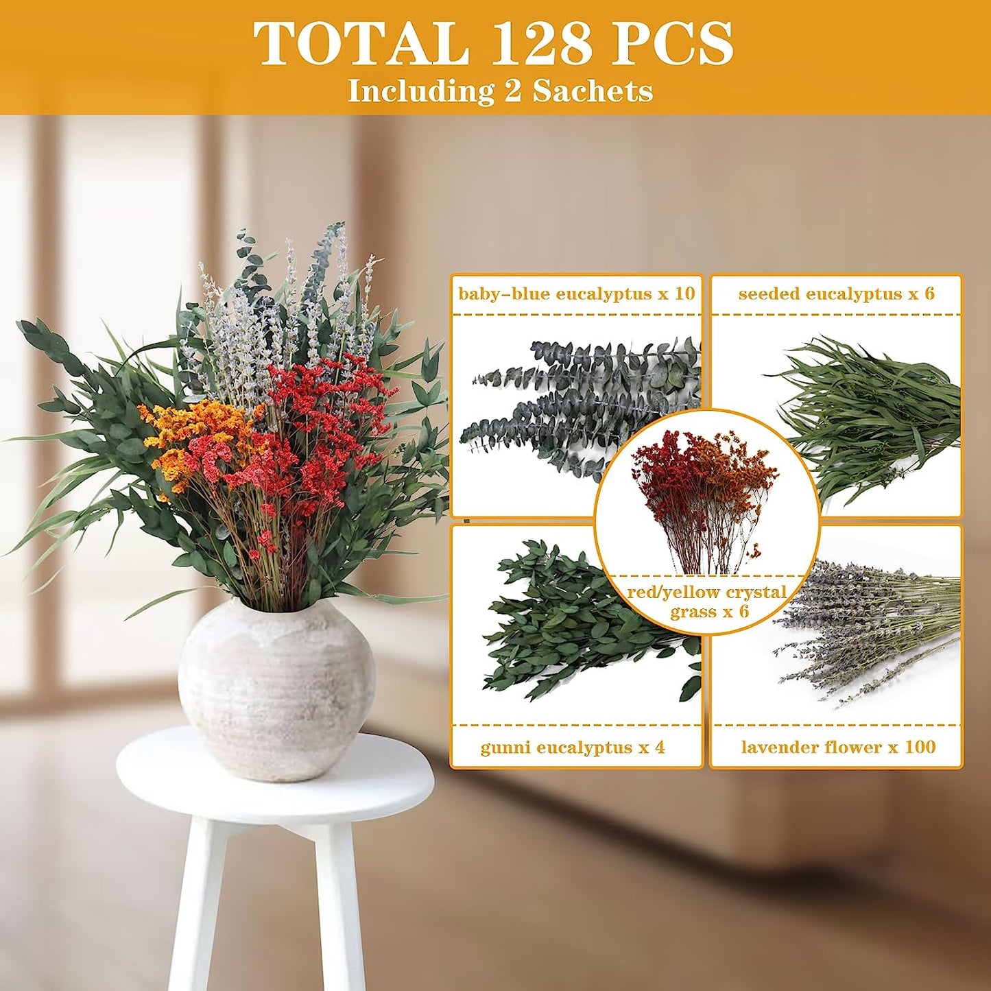 dried_flower - preserved_flower - fake_flower - 128Pcs Mixed Real Dried Eucalyptus Stems 100% Natural Preserved Leaves - Molly Garden - Molly_Garden_Floral