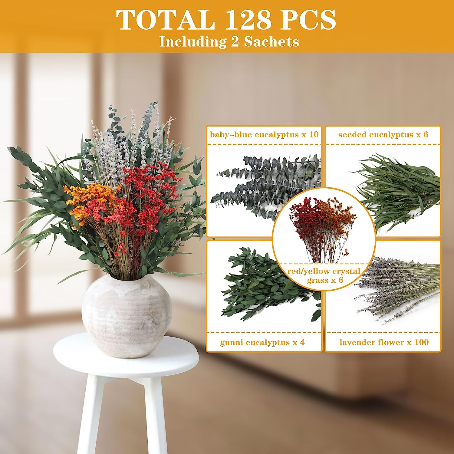 dried_flower - preserved_flower - fake_flower - 128Pcs Mixed Real Dried Eucalyptus Stems 100% Natural Preserved Leaves - Molly Garden - Molly_Garden_Floral