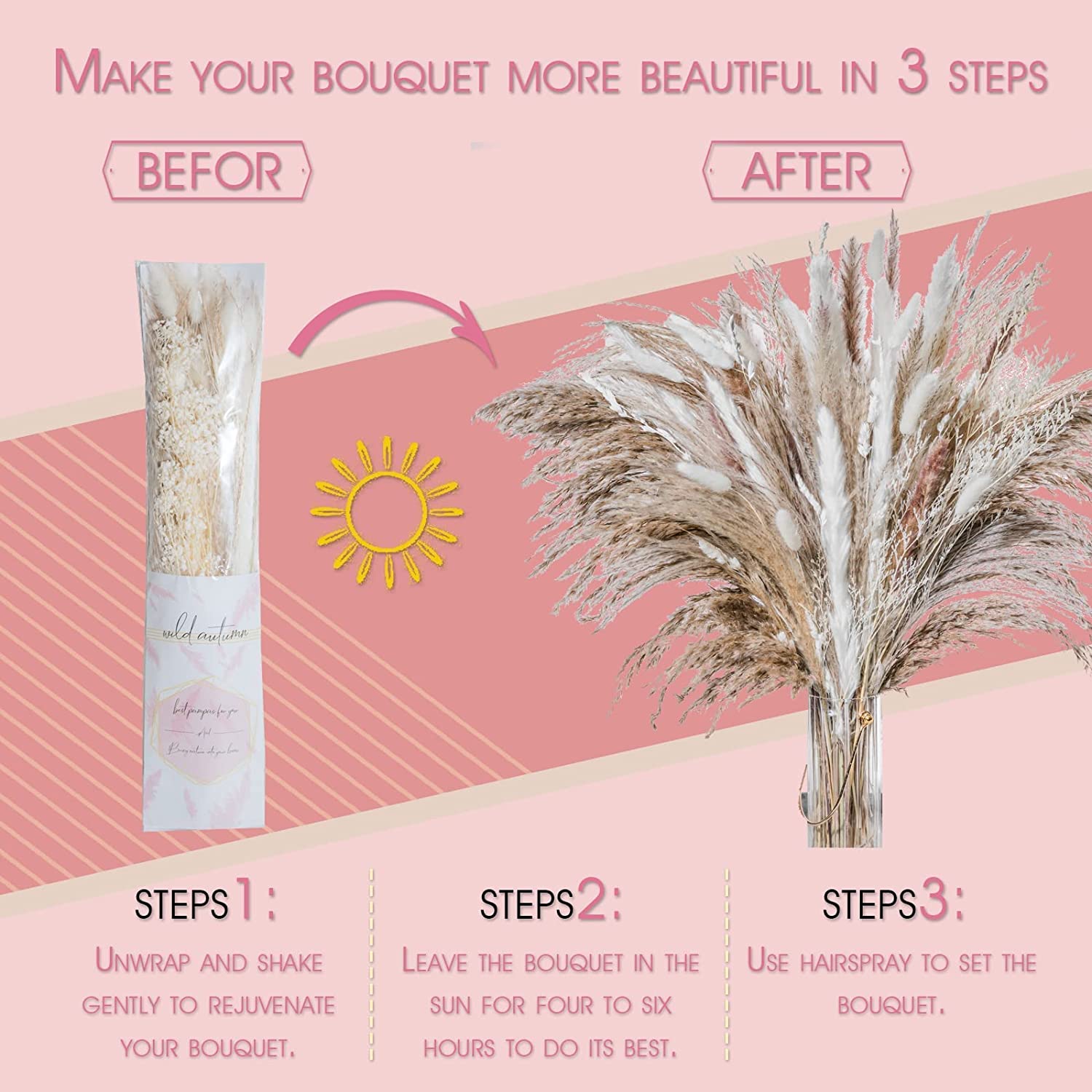 dried_flower - preserved_flower - fake_flower - 80Pcs Natural Dried Pampas Grass Bouquet Boho Home Decor Dry Phragmites - Molly Garden - Molly_Garden_Floral