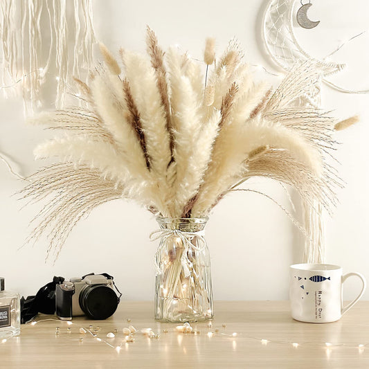 dried_flower - preserved_flower - fake_flower - 90Pcs 17.5Inch Natural Dried Pampas Grass Set White & Natural Grass Reed - Molly Garden - Molly_Garden_Floral