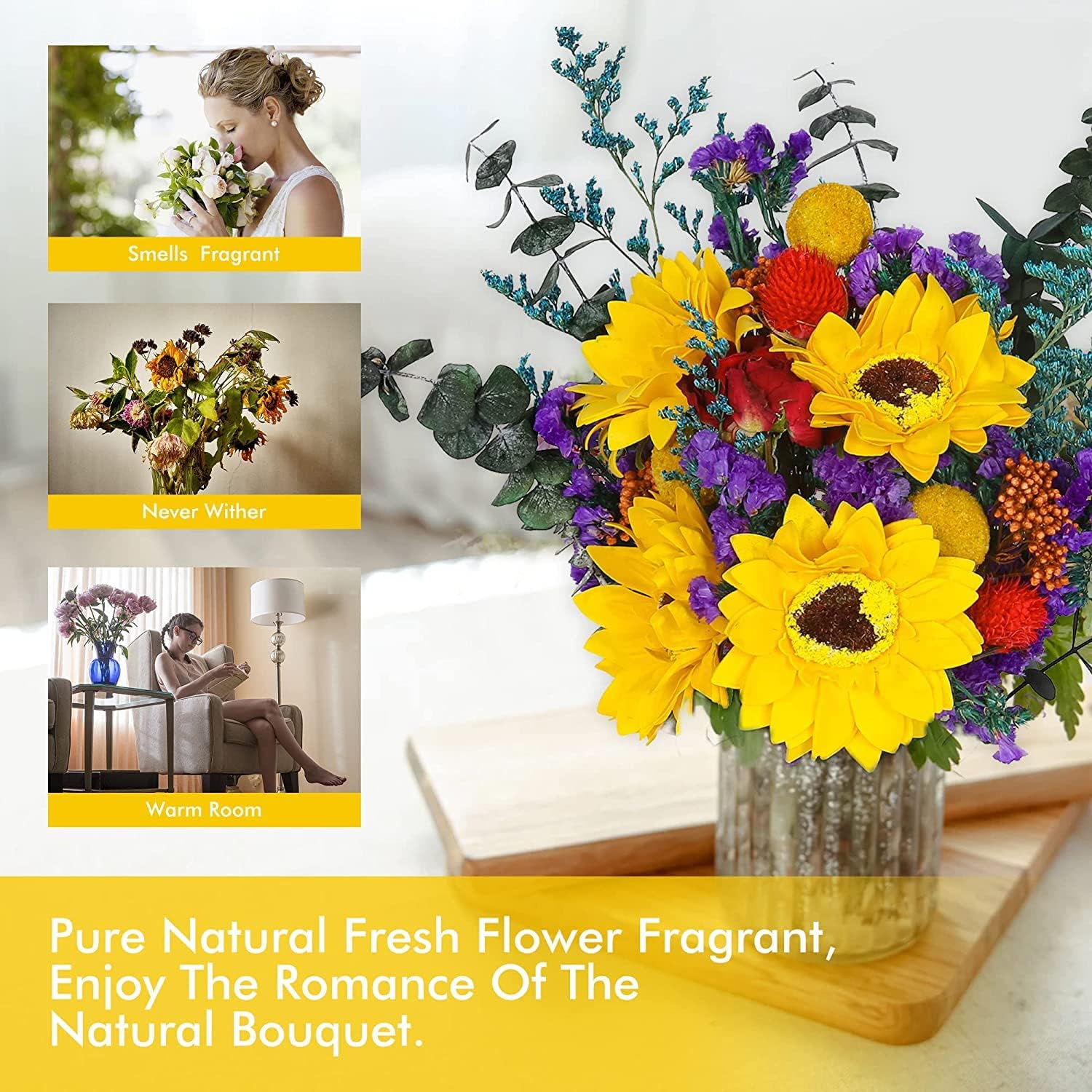 dried_flower - preserved_flower - fake_flower - 25+Stems Bulk Dried Eucalyptus & Wildflowers Yellow Sunflower Bouquet for Vase - Molly Garden - Molly_Garden_Floral
