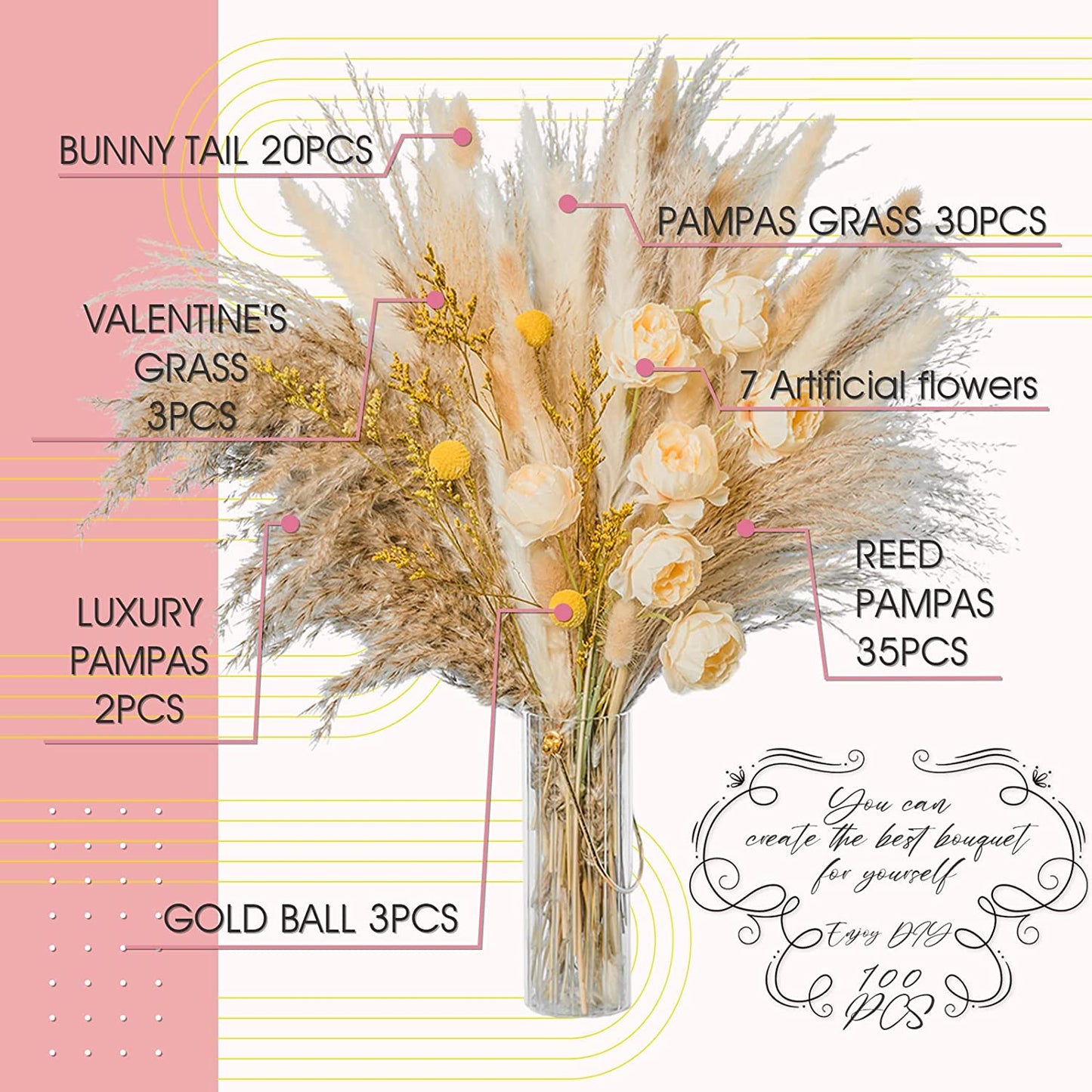 dried_flower - preserved_flower - fake_flower - 94Pcs Natural Pampas Grass Bouquet Boho Decor Long-Lasting Dried Flowers - Molly Garden - Molly_Garden_Floral