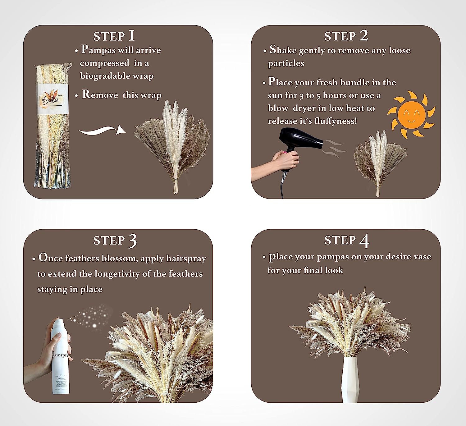 dried_flower - preserved_flower - fake_flower - 80Pcs 7 Different Natural Dried Pampas Grass Boho Bouquet for Home Decor - Molly Garden - Molly_Garden_Floral