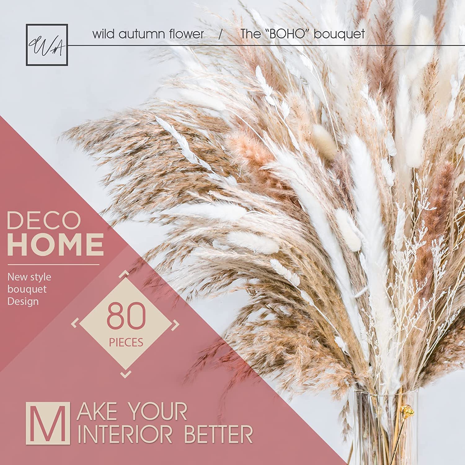 dried_flower - preserved_flower - fake_flower - 80Pcs Natural Dried Pampas Grass Bouquet Boho Home Decor Dry Phragmites - Molly Garden - Molly_Garden_Floral