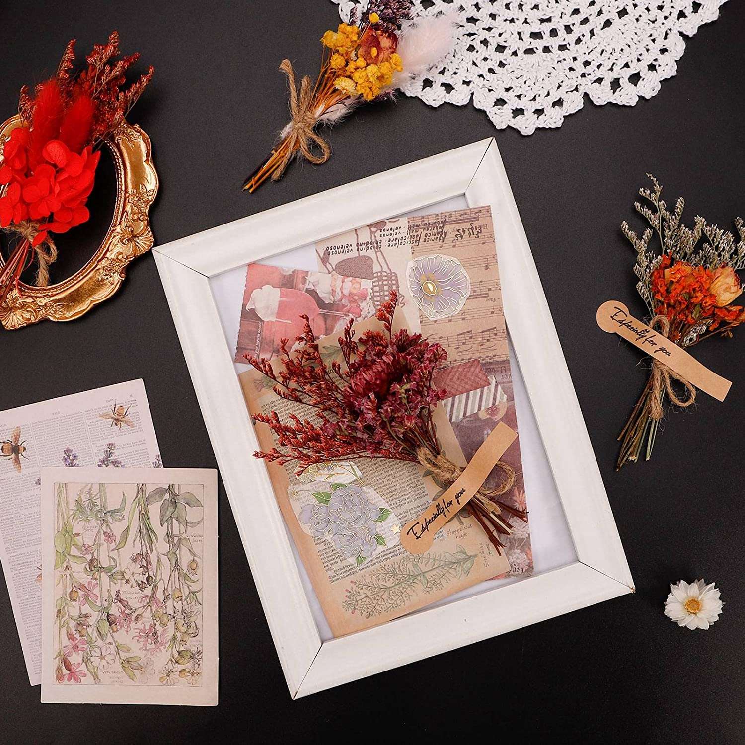 dried_flower - preserved_flower - fake_flower - 6Pcs Mini Mixed Dried Flowers Bouquet with 3 Gold Foil Flower Stickers - Molly Garden - Molly_Garden_Floral