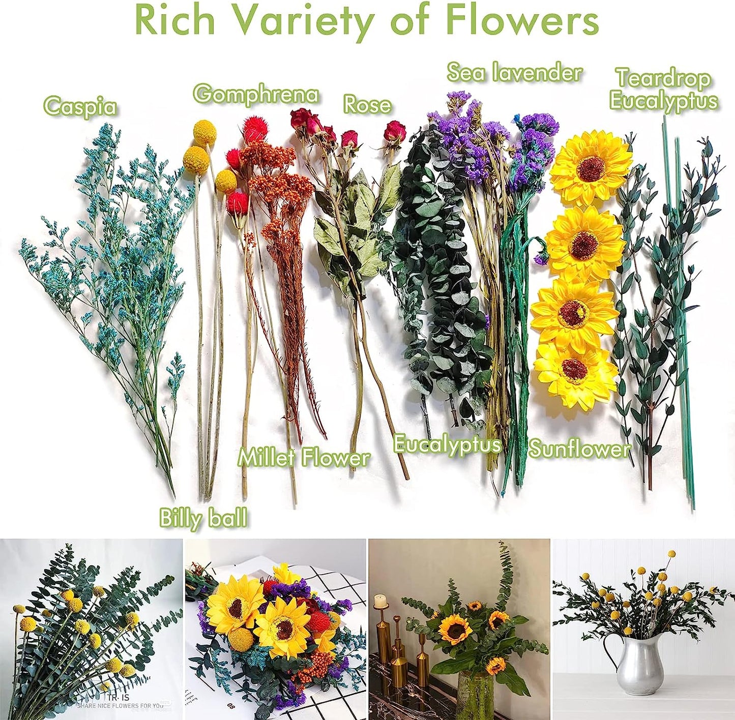 dried_flower - preserved_flower - fake_flower - 25+Stems Bulk Dried Eucalyptus & Wildflowers Yellow Sunflower Bouquet for Vase - Molly Garden - Molly_Garden_Floral