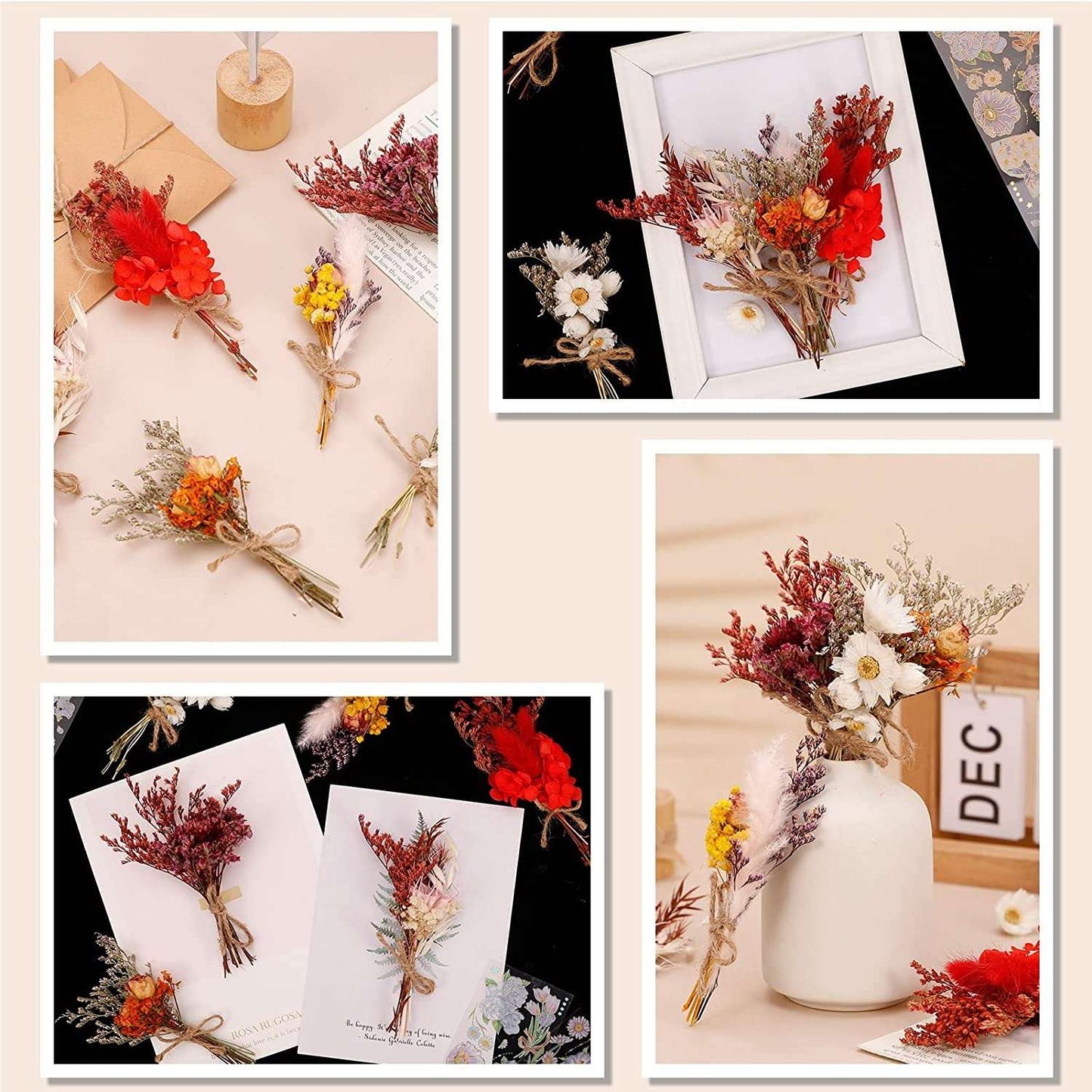 dried_flower - preserved_flower - fake_flower - 6Pcs Mini Mixed Dried Flowers Bouquet with 3 Gold Foil Flower Stickers - Molly Garden - Molly_Garden_Floral