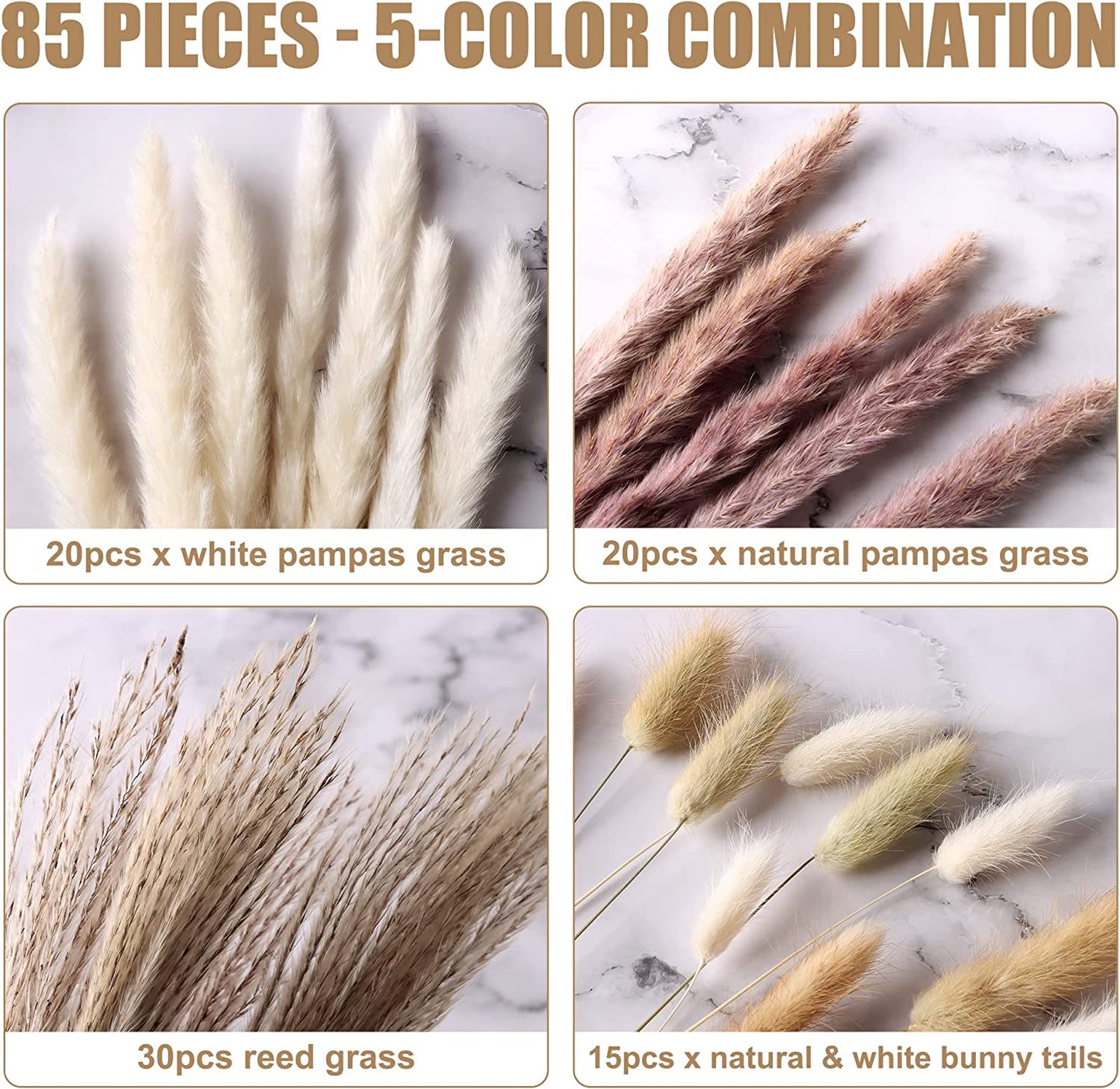 dried_flower - preserved_flower - fake_flower - 85Pcs Dried Flowers Arrangements White & Natural Pampas Grass, Reed, Bunny Tails - Molly Garden - Molly_Garden_Floral