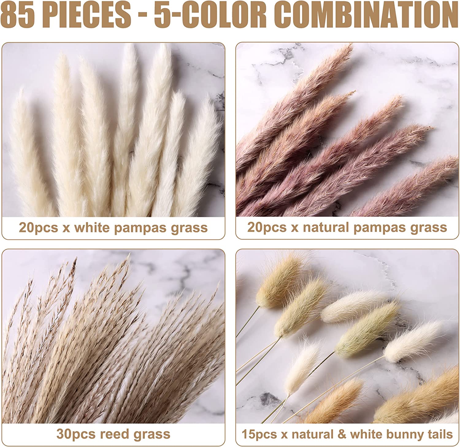 dried_flower - preserved_flower - fake_flower - 85Pcs Dried Flowers Arrangements White & Natural Pampas Grass, Reed, Bunny Tails - Molly Garden - Molly_Garden_Floral