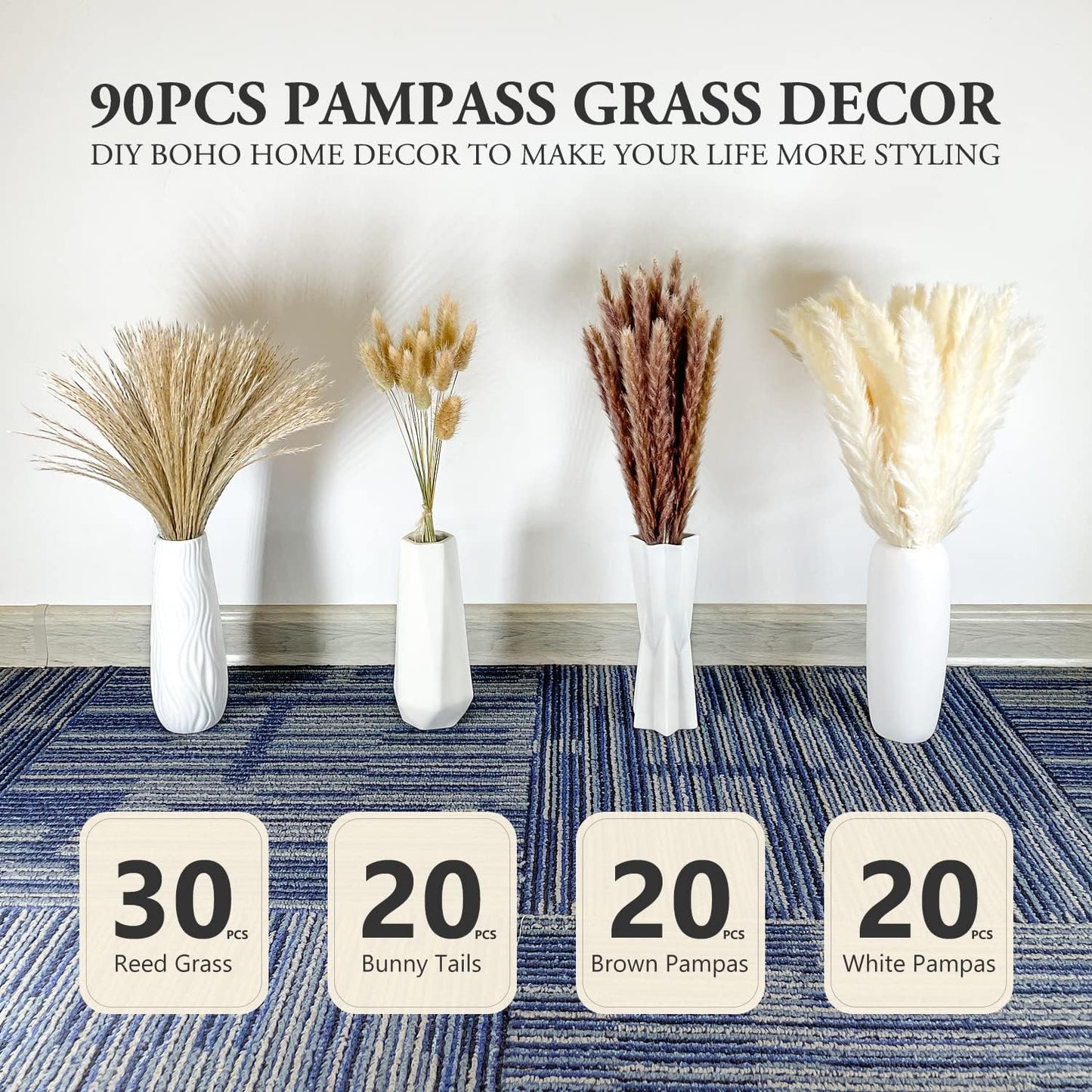 dried_flower - preserved_flower - fake_flower - 90Pcs 17.5Inch Natural Dried Pampas Grass Set White & Natural Grass Reed - Molly Garden - Molly_Garden_Floral