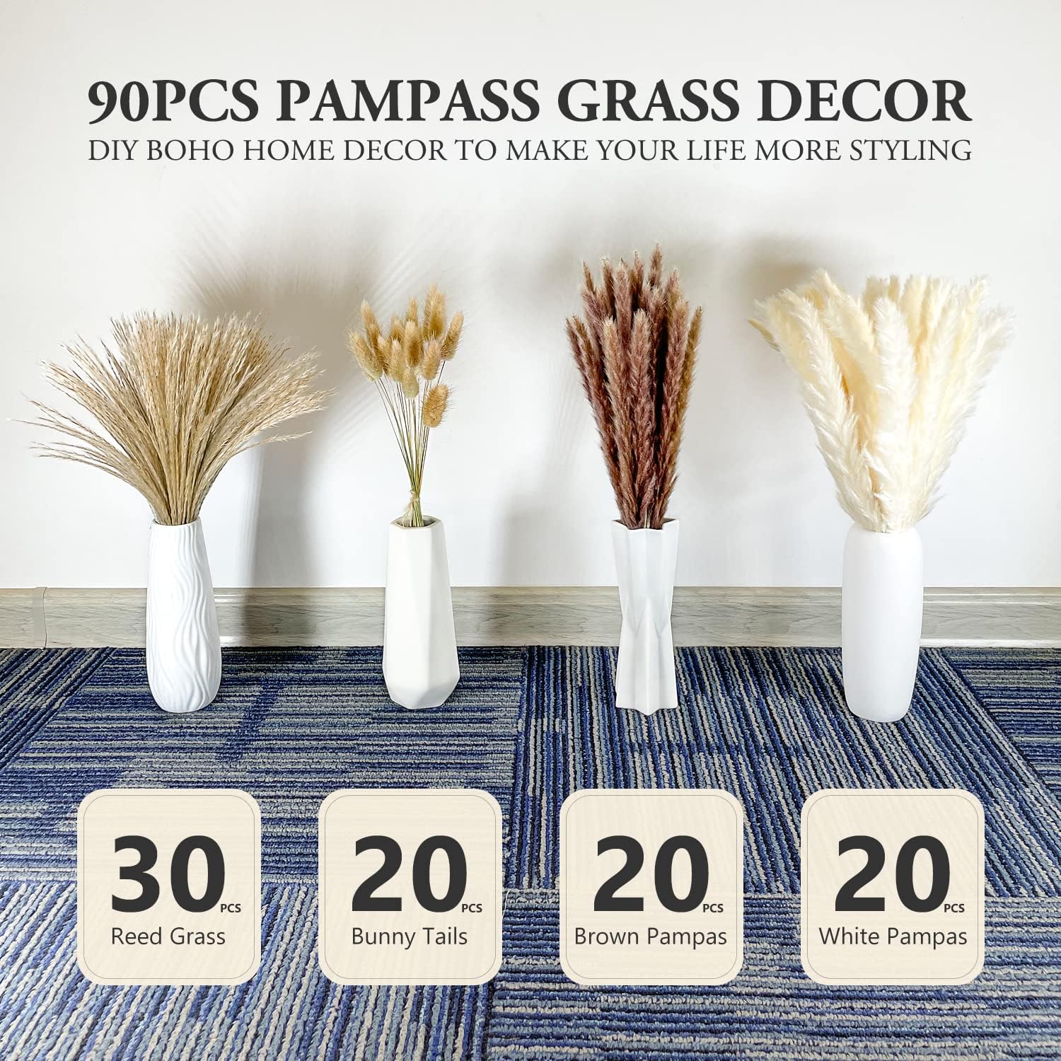 dried_flower - preserved_flower - fake_flower - 90Pcs 17.5Inch Natural Dried Pampas Grass Set White & Natural Grass Reed - Molly Garden - Molly_Garden_Floral